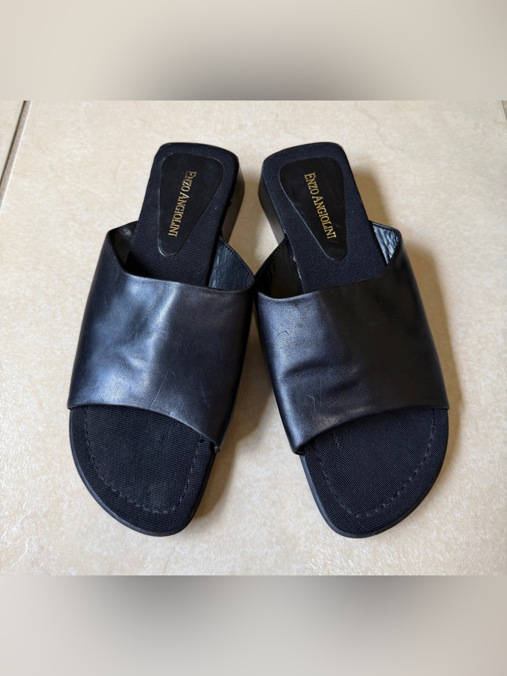 Enzo Angiolini Women’s Size 7 Black Leather Wide Band Slide Sandals Padded Mule